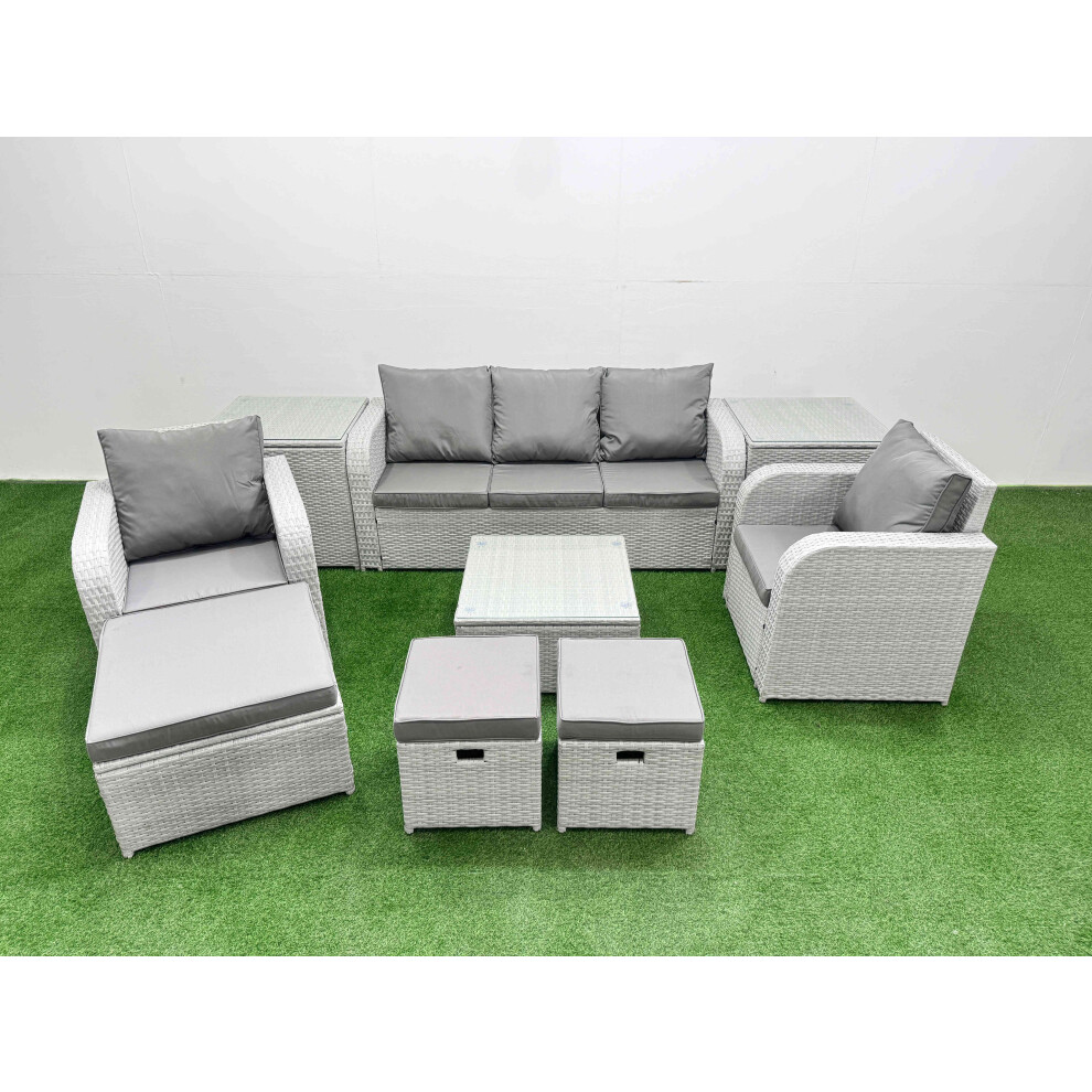 Fimous PE Rattan Garden Furniture Set Reclining Chair Sofa Lounge Sofa Set Square Coffee Table 2 Side Table 3 Stools Light Grey