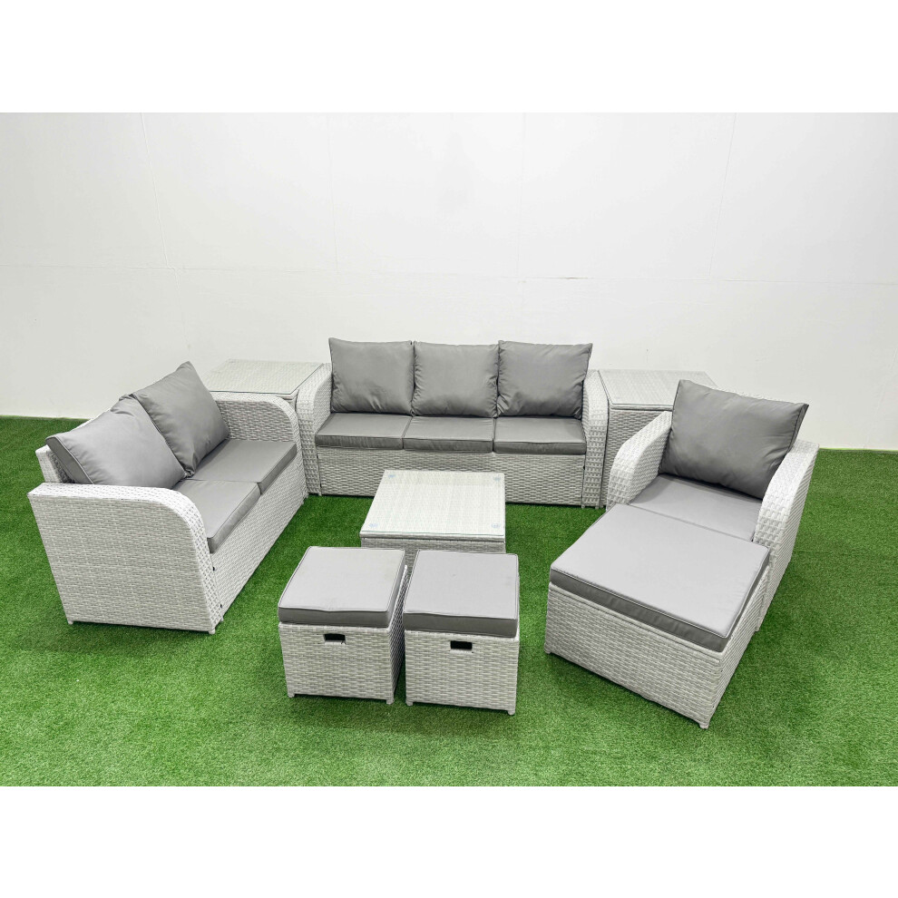 Fimous Patio PE Wicker 9 Seater Outdoor Rattan Furniture Sofa Sets with Reclining Chair Loveseat Sofa Stool 2 Side Table