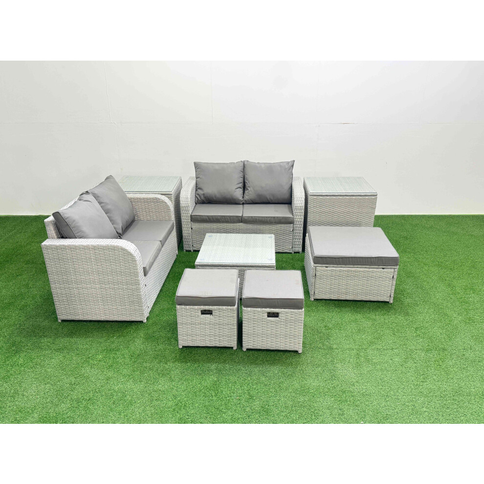 Fimous 7 Seater Outdoor Love Sofa Set Rattan Garden Furniture Set with Square Coffee Table 3 Footstool 2 Side Tables Light Grey