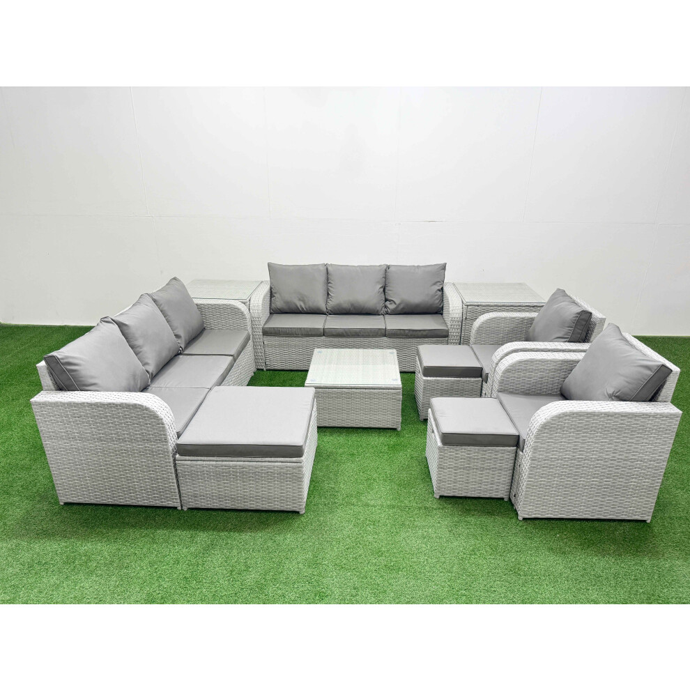 Fimous PE Rattan High Back Lounge Sofa Set Patio Square Coffee Table & Chairs Set with Reclining Chair 3 Stools 2 Side Table Light Grey