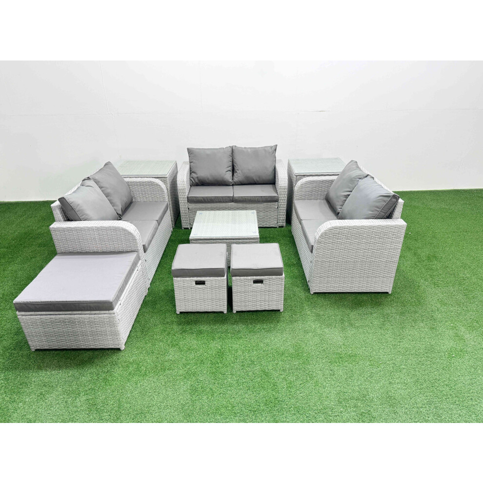 Fimous  9 Seater PE Wicker Rattan Furniture Sofa Sets with Square Coffee Table 2 Seater Love Sofa 3 Stool 2 Side Table Light Grey