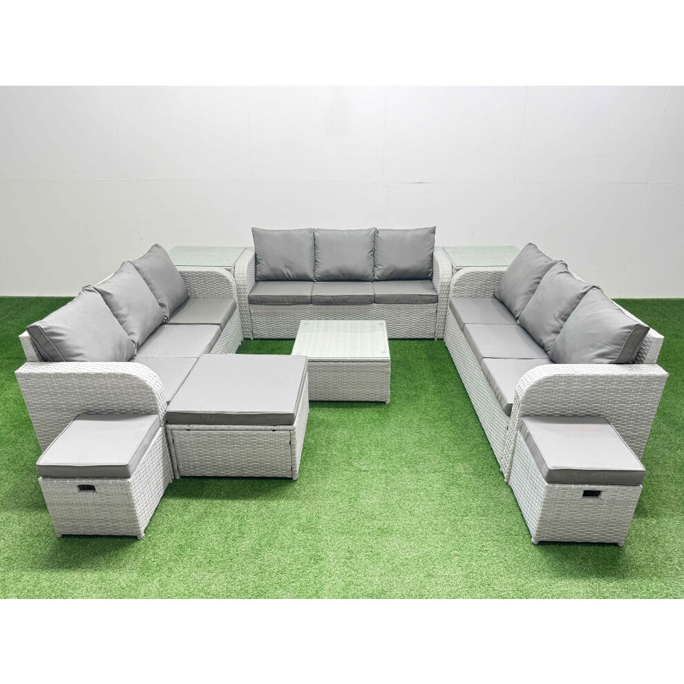 Fimous PE Rattan Lounge Sofa Set 12 Seater Outdoor Garden Furniture Set with Square Coffee Table 3 Stools 2 Side Table Light Grey