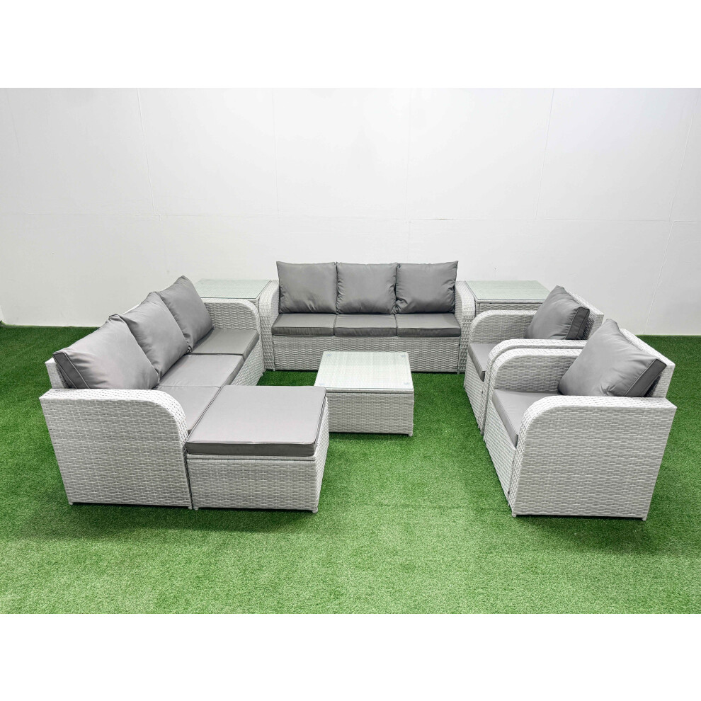 Fimous Light/Grey Rattan High Back Lounge Sofa Set Square Coffee Table & Chairs With 3 Seater Sofa Reclining Chair Big Footstool 2 Side Table - Image 2