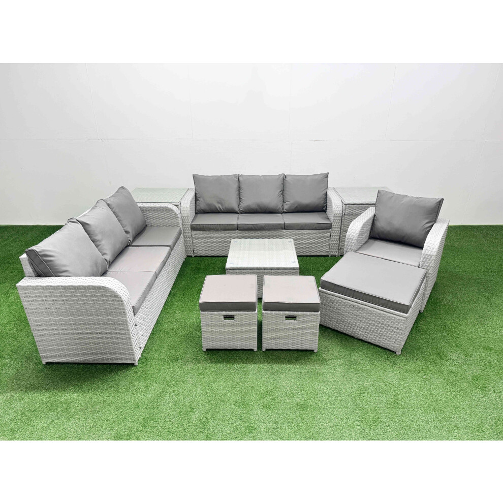 Fimous Light/Grey 10 Seater Garden Sofa Set, Poly Rattan, Square Coffee Table, 3 Seater Sofas, Reclining Chair, 3 Stools & 2 Side Tables, - Image 2