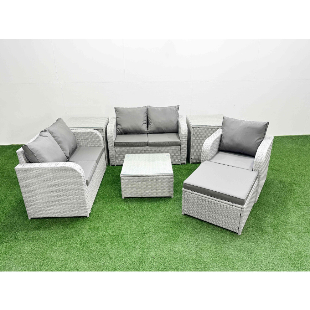 Fimous Light/Grey High Back Outdoor Sofa Set, Poly Rattan, Reclining Loveseat, Square Coffee Table, Big Stool And 2 Side Tables, - Image 2