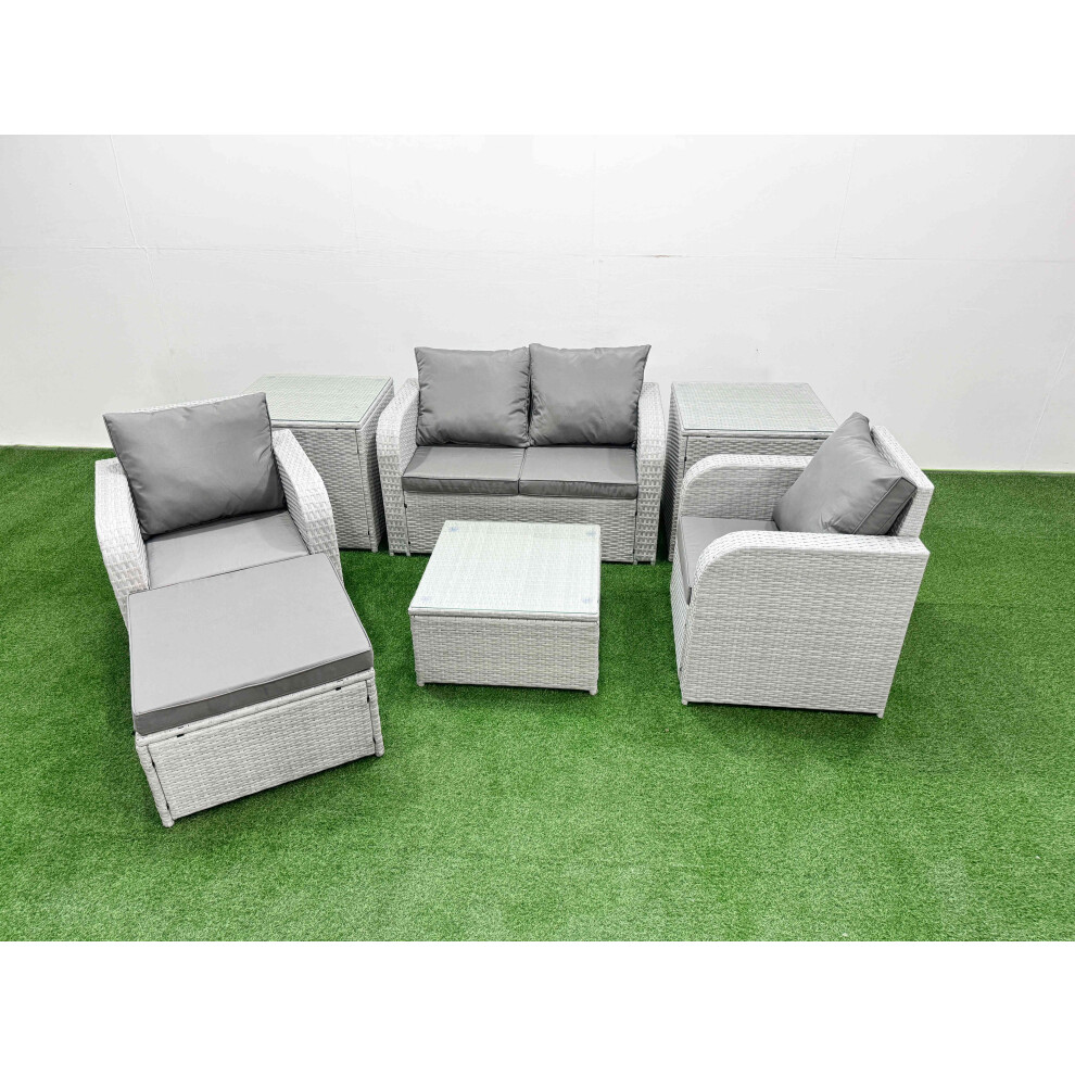 Fimous Light Grey PE Wicker Rattan Garden Furniture Set Sofa Set Reclining Adjustable Chair Square Coffee Table 5 Seater