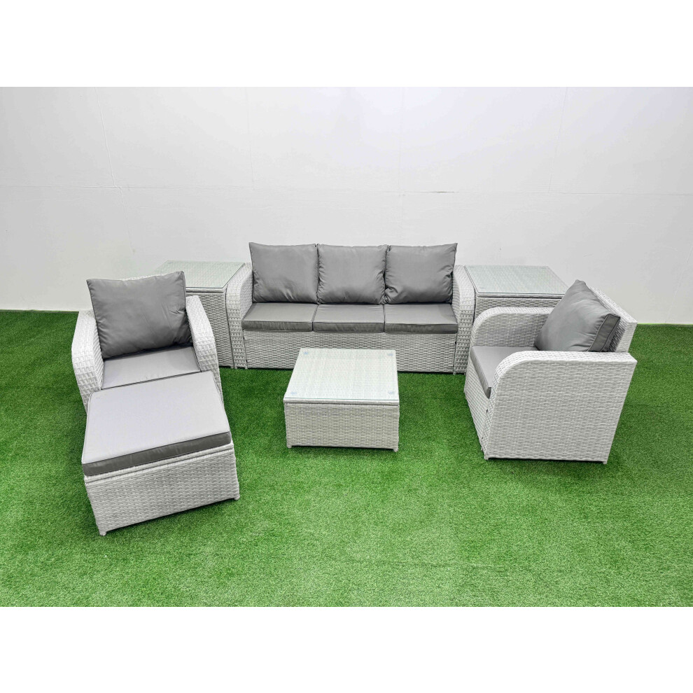 Fimous PE Rattan Garden Furniture Set Reclining Chair Sofa Lounge Sofa Set Square Coffee Table 2 Side Table Big Footstool Light Grey