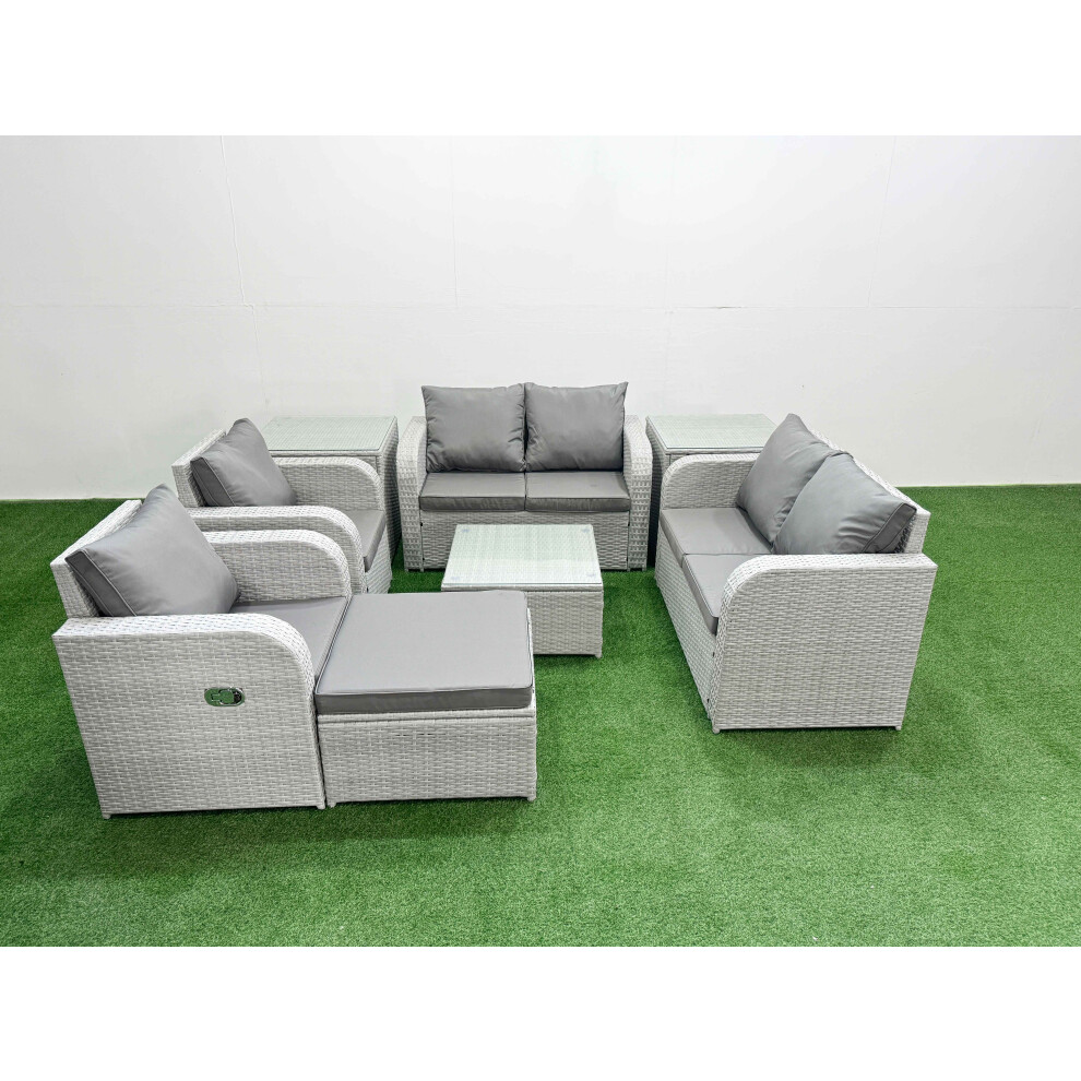 Fimous 7 Seater Outdoor Reclining Chair Love Sofa Set Rattan Garden Furniture Set with Square Coffee Table Footstool 2 Side Tables