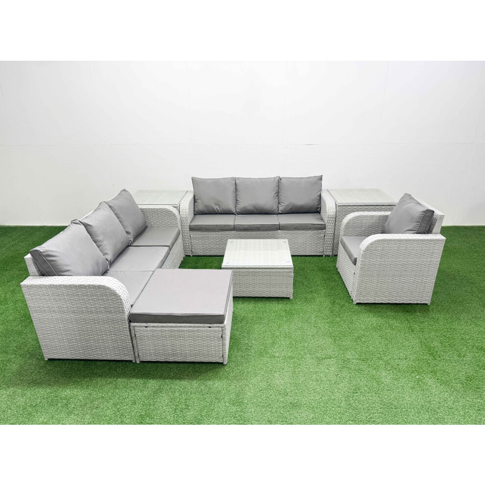 Fimous 8 Seater Poly Rattan Outdoor Garden Furniture Square Coffee Table Sofa Set Patio Reclining Chair Big Footstool 2 Side Table