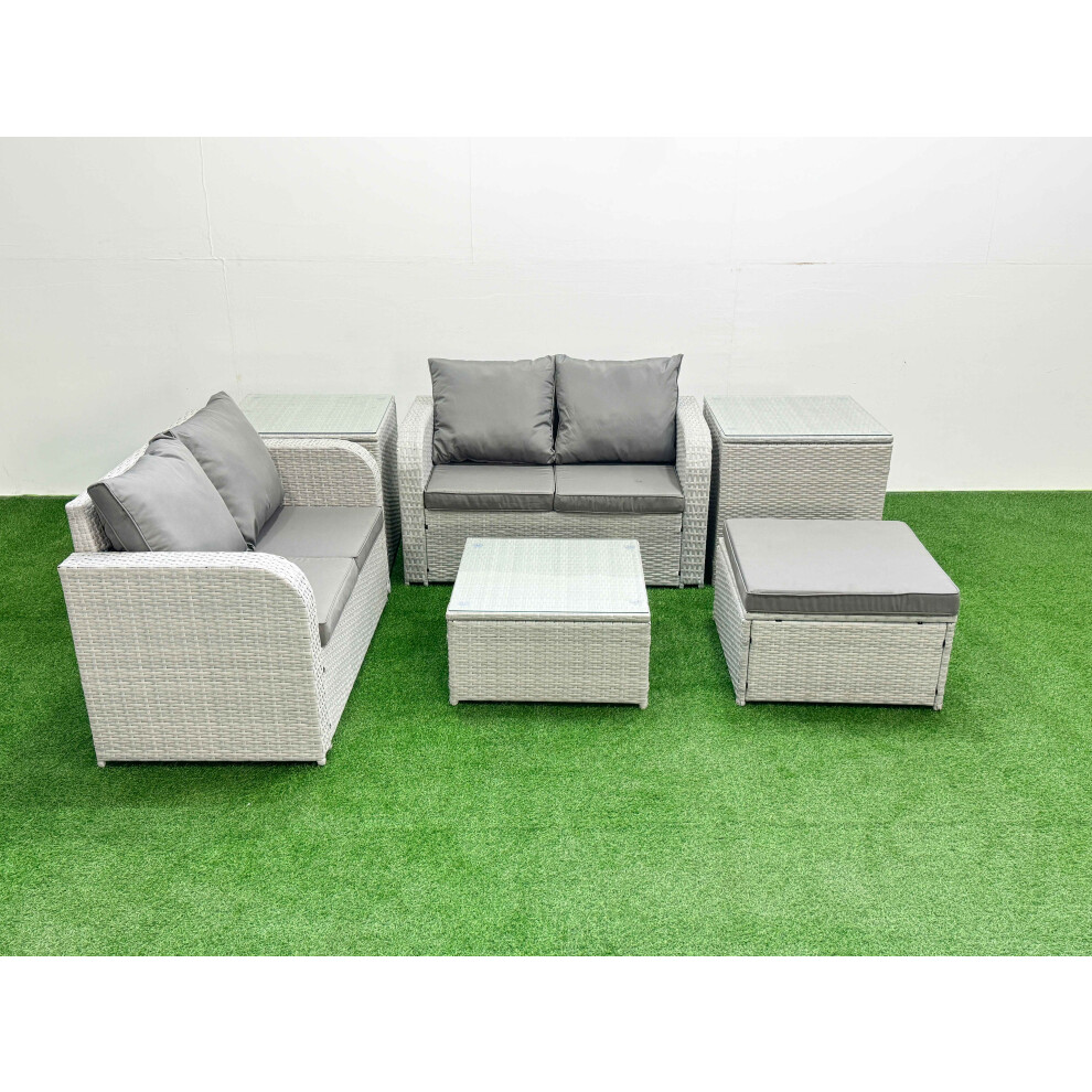 Fimous 5 Seater Outdoor Love Sofa Set Rattan Garden Furniture Set with Square Coffee Table Big Footstool 2 Side Tables Light Grey