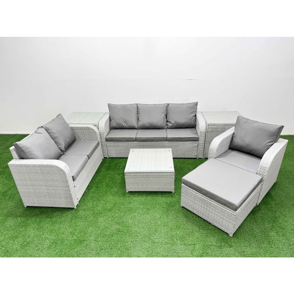 Fimous Patio PE Wicker 7 Seater Outdoor Rattan Furniture Sofa Sets with Reclining Chair Loveseat Sofa Big Footstool 2 Side Table