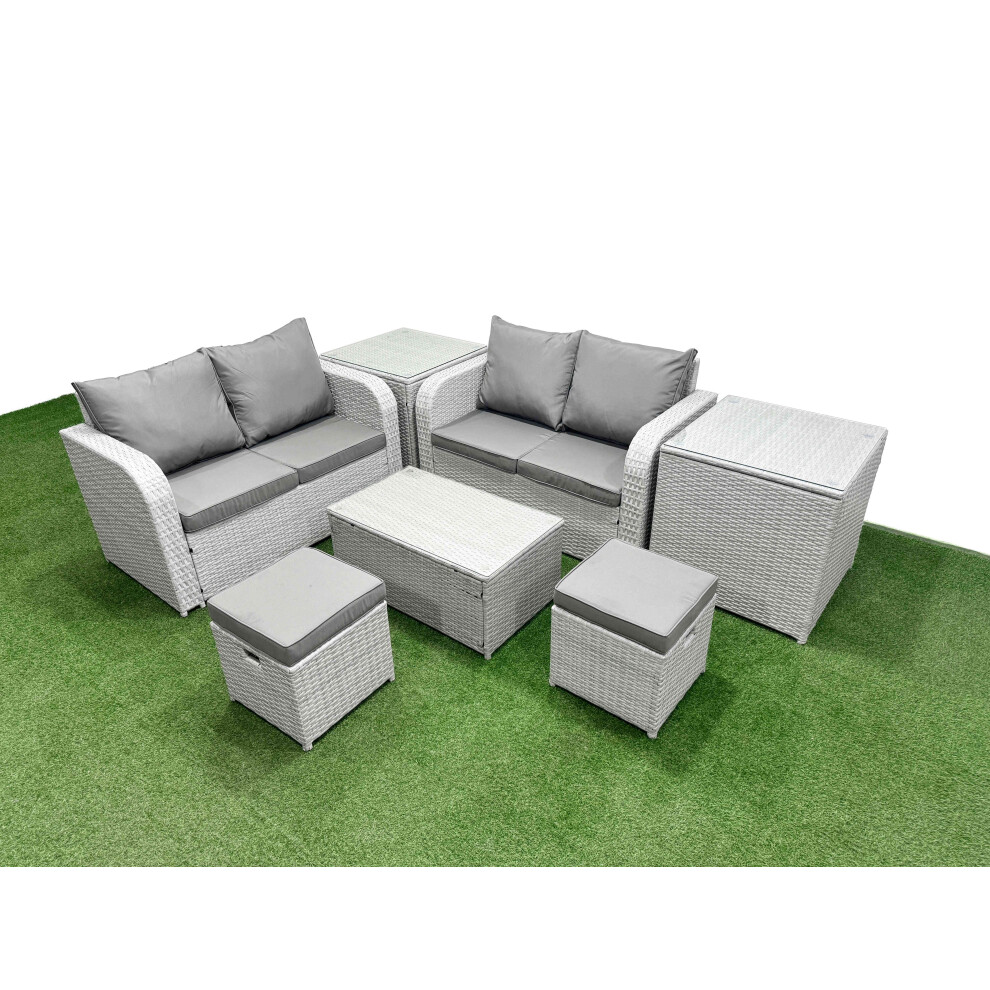 Fimous 6 Seater Outdoor Love Sofa Set Rattan Garden Furniture Set with Rectangular Coffee Table 2 Small Stools 2 Side Tables Light Grey