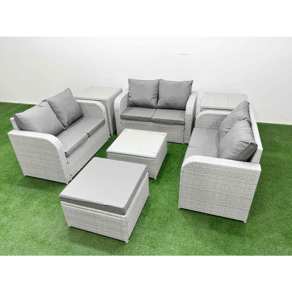 Fimous  7 Seater PE Wicker Rattan Furniture Sofa Sets with Square Coffee Table 2 Seater Love Sofa Big Footstool 2 Side Table Light Grey