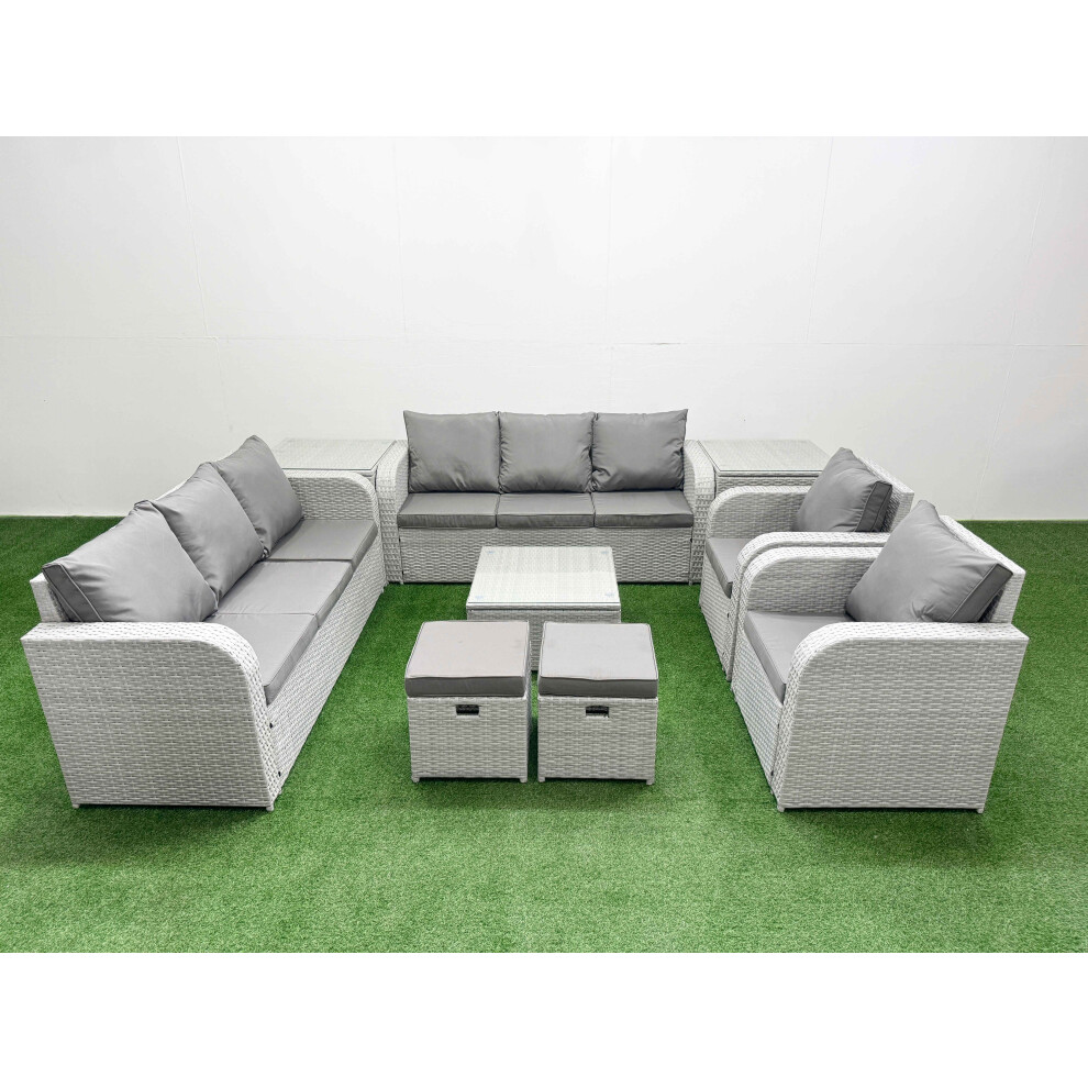 Fimous PE Rattan High Back Lounge Sofa Set Patio Square Coffee Table & Chairs Set with Reclining Chair Stools 2 Side Table Light Grey