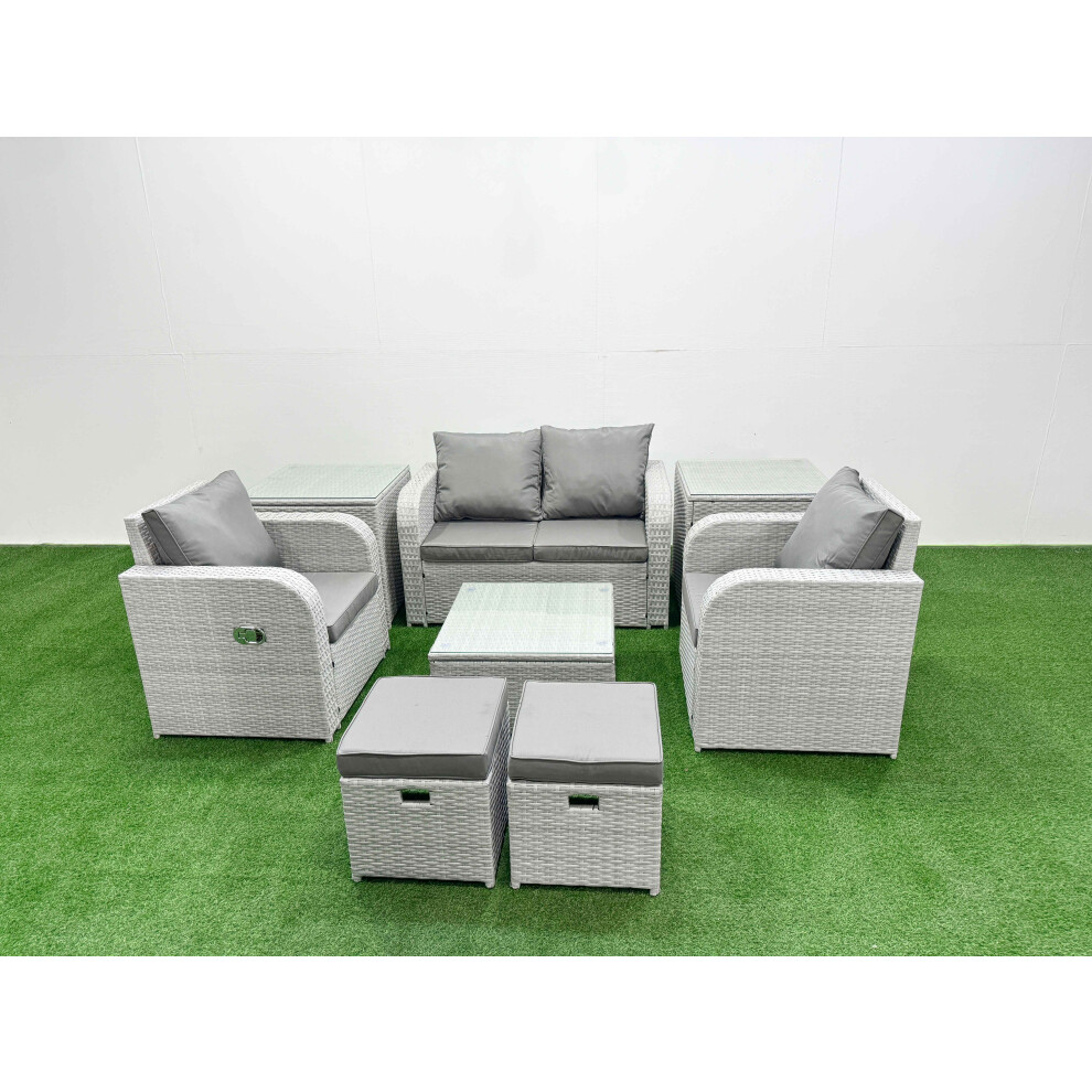 Fimous Light Grey Pe Wicker Rattan Garden Furniture Set Sofa Set Reclining Adjustable Chair 6 Seater 2 Small Stools 2 Side Table