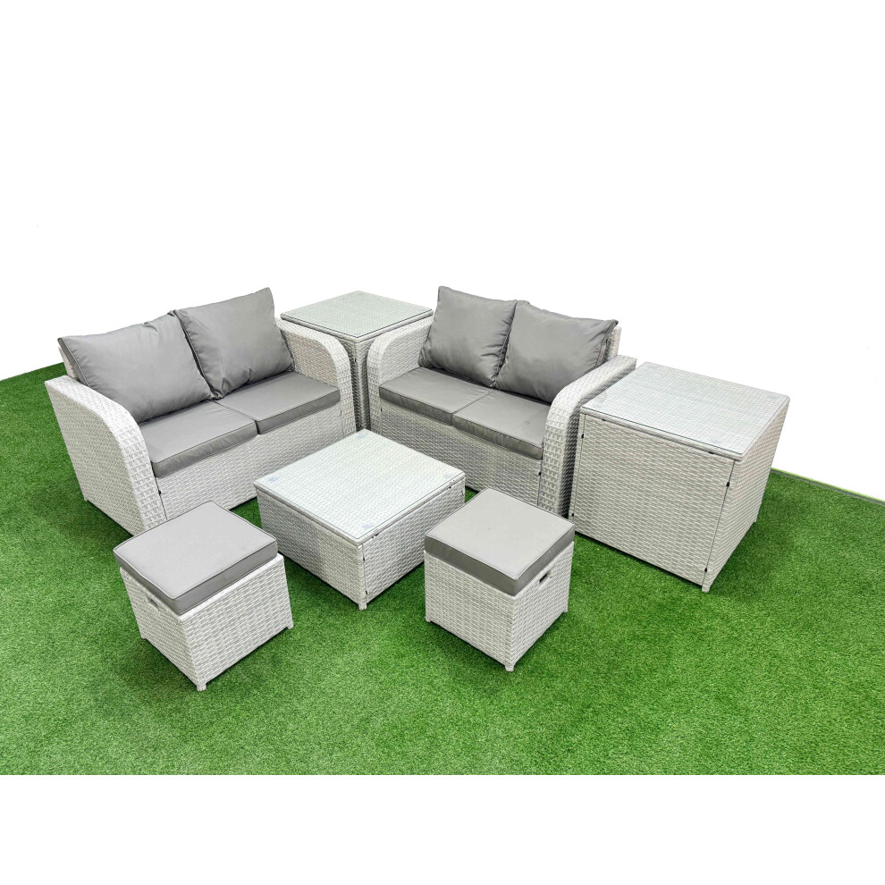 Fimous 6 Seater Outdoor Love Sofa Set Rattan Garden Furniture Set with Square Coffee Table 2 Small Stools 2 Side Tables Light Grey