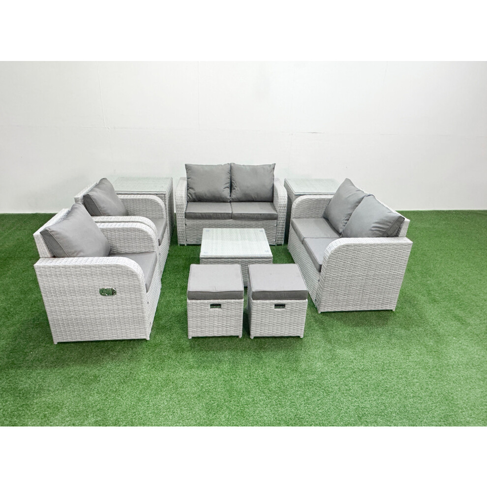 Fimous 8 Seater Outdoor Reclining Chair Love Sofa Set Rattan Garden Furniture Set with Square Coffee Table 2 Stools 2 Side Table