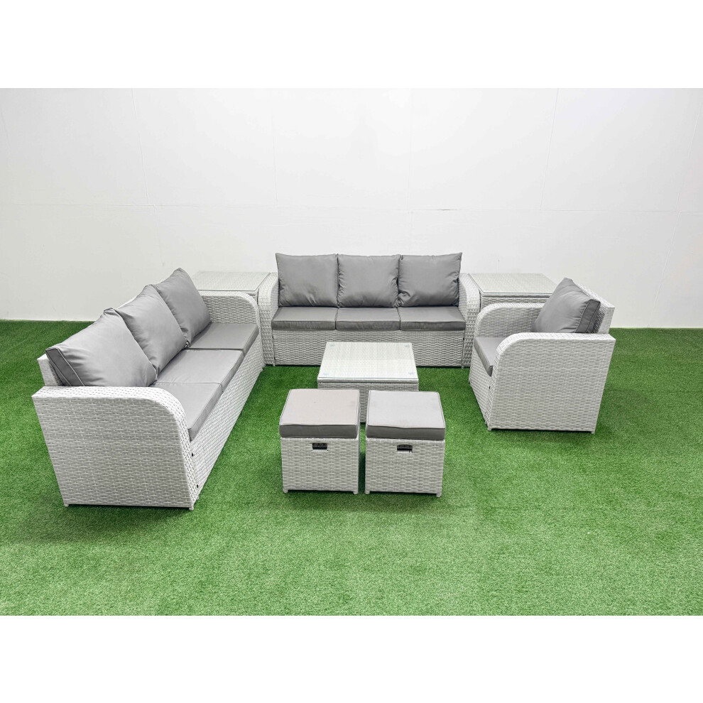 Fimous 9 Seater Poly Rattan Outdoor Garden Furniture Square Coffee Table Sofa Set Patio Reclining Chair Stools 2 Side Table Light Grey