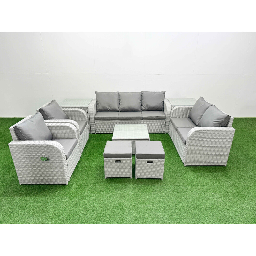 Fimous PE Rattan Garden Furniture Set Adjustable Chair Sofa Double Love Seat 2 Seater Sofa Lounge Set 2 Stools 2 Side Table Light Grey