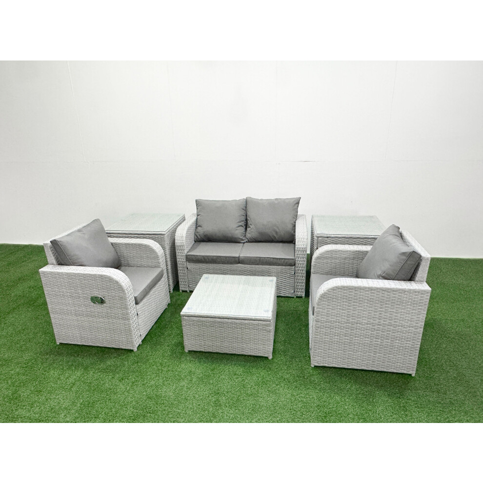 Fimous Light Grey PE Wicker Rattan Garden Furniture Set Sofa Set Reclining Adjustable Chair Square Coffee Table 4 Seater With 2 Side Table