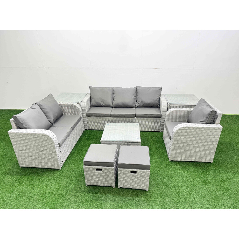 Fimous Patio PE Wicker 8 Seater Outdoor Rattan Furniture Sofa Sets with Reclining Chair Loveseat Sofa Stool 2 Side Table