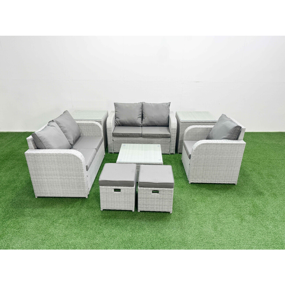 Fimous Unisex Light Grey High Back Poly Rattan Garden Furniture Set W/ Reclining Chair Loveseat Sofa Square Coffee Table Indoor Outdoor Patio Set Stool Side Table Size 2 - Image 2
