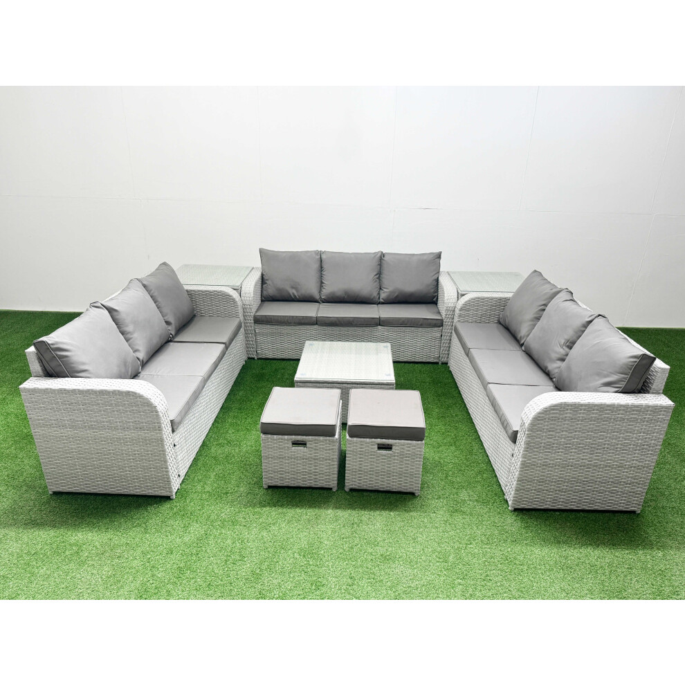 Fimous PE Rattan Lounge Sofa Set 11 Seater Outdoor Garden Furniture Set with Square Coffee Table 2 Stools 2 Side Table Light Grey