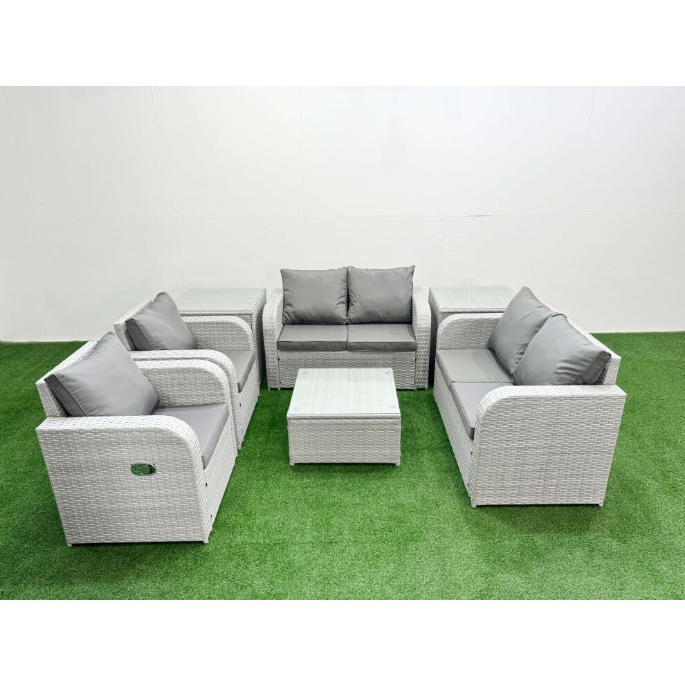 Fimous 6 Seater Outdoor Reclining Chair Love Sofa Set Rattan Garden Furniture Set with Square Coffee Table 2 Side Tables Light Grey