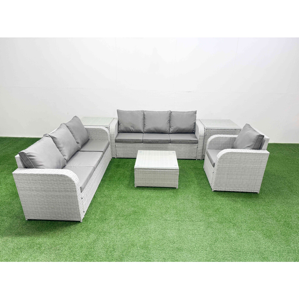 Fimous 7 Seater Poly Rattan Outdoor Garden Furniture Square Coffee Table Sofa Set Patio Reclining Chair 2 Side Table Light Grey