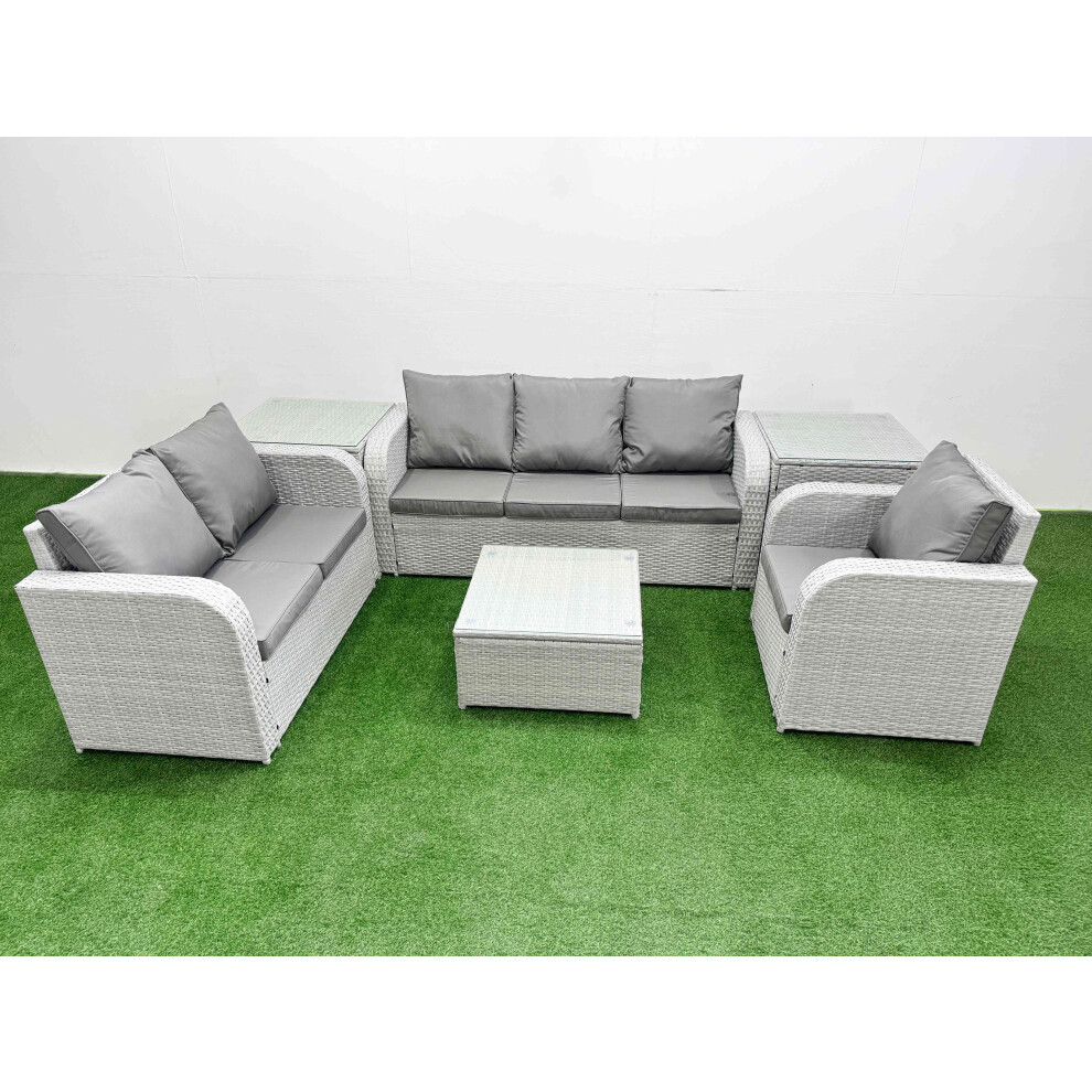 Fimous Patio PE Wicker 6 Seater Outdoor Rattan Furniture Sofa Sets with Reclining Chair Loveseat Sofa 2 Side Table Light Grey