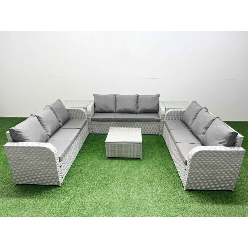 Fimous PE Rattan Lounge Sofa Set 9 Seater Outdoor Garden Furniture Set with Square Coffee Table 3 Seater Sofa 2 Side Table Light Grey