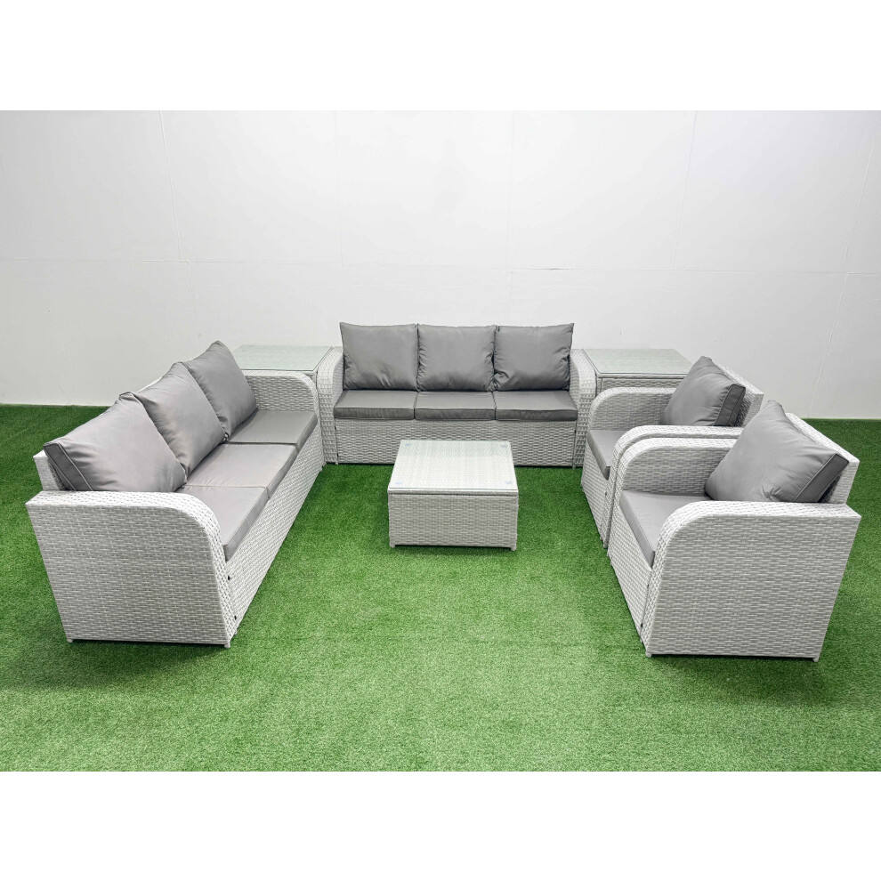 Fimous PE Rattan High Back Lounge Sofa Set Patio Square Coffee Table & Chairs Set with 3 Seater Sofa Reclining Chair 2 Side Table