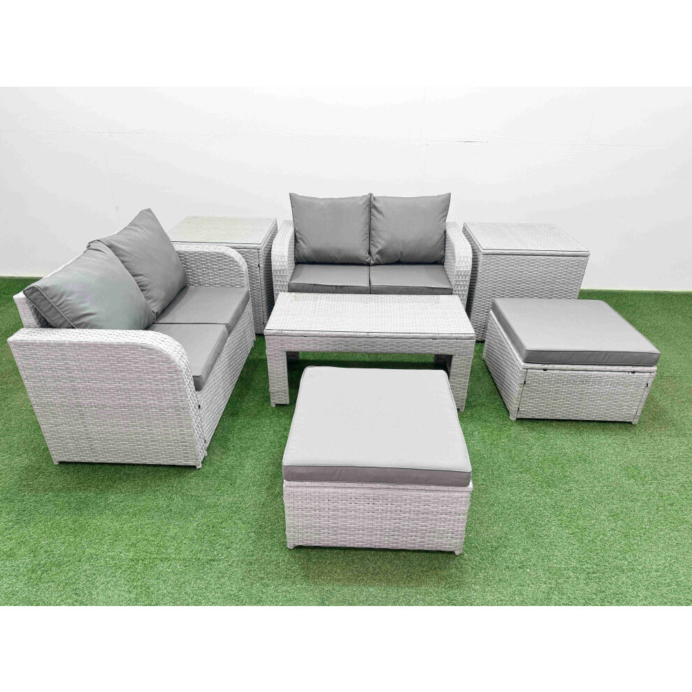 Fimous 6 Seater Outdoor Love Sofa Set Rattan Garden Furniture Set with Oblong Coffee Table 2 Footstool 2 Side Tables Light Grey