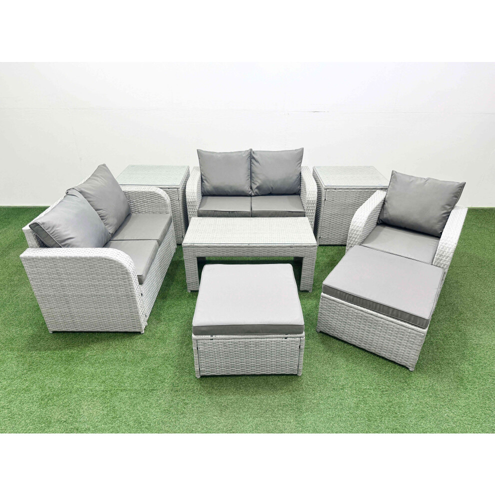 Fimous Unisex Light Grey High Back Poly Rattan Garden Furniture Set W/ Reclining Chair Loveseat Sofa Oblong Coffee Table Indoor Outdoor Patio Set Big Stool Side Size 2 - Image 2