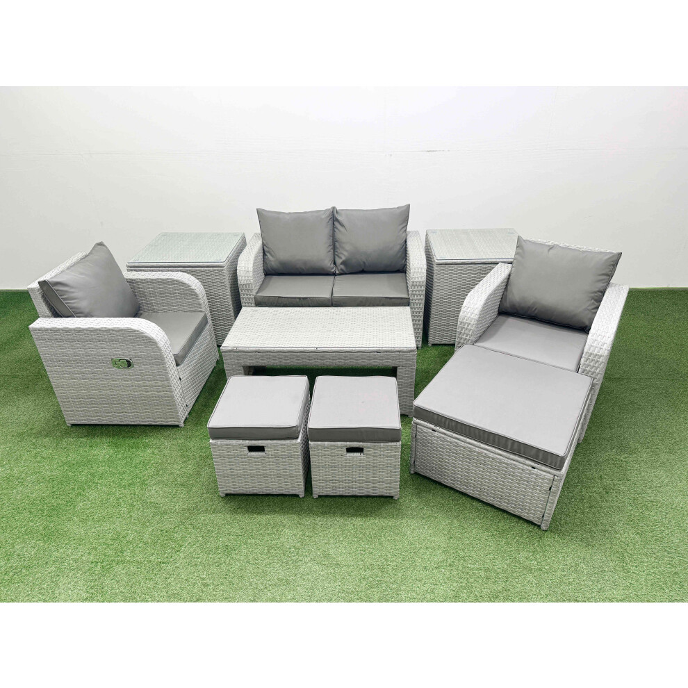 Fimous Light Grey PE Wicker Rattan Garden Furniture Set Sofa Set Reclining Adjustable Chair  7 Seater 3  Stools 2 Side Table