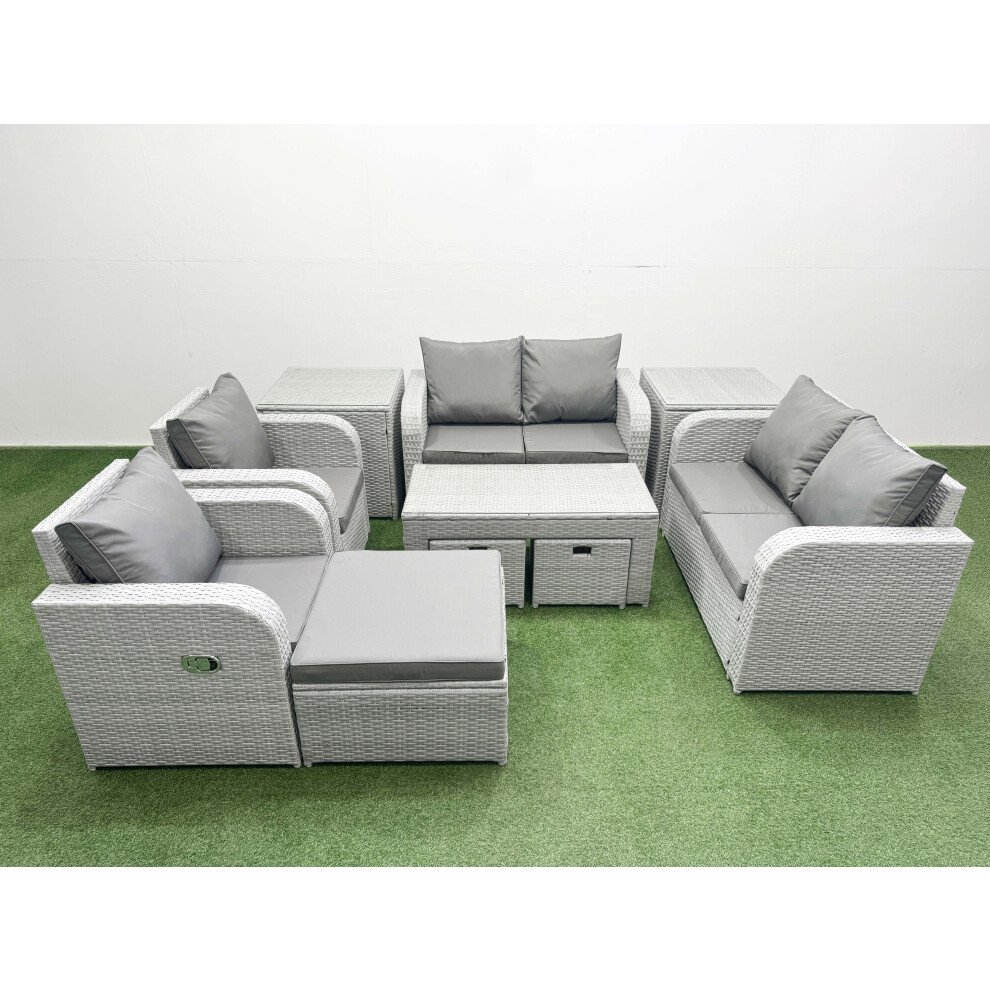 Fimous 9 Seater Outdoor Reclining Chair Love Sofa Set Rattan Garden Furniture Set with 3 Stools 2 Side Table Light Grey