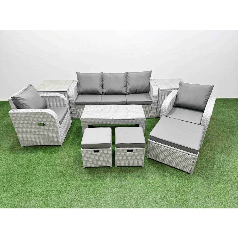 Fimous PE Rattan Garden Furniture Set Reclining Chair Sofa Lounge Sofa Set 2 Side Table 3 Stools Light Grey