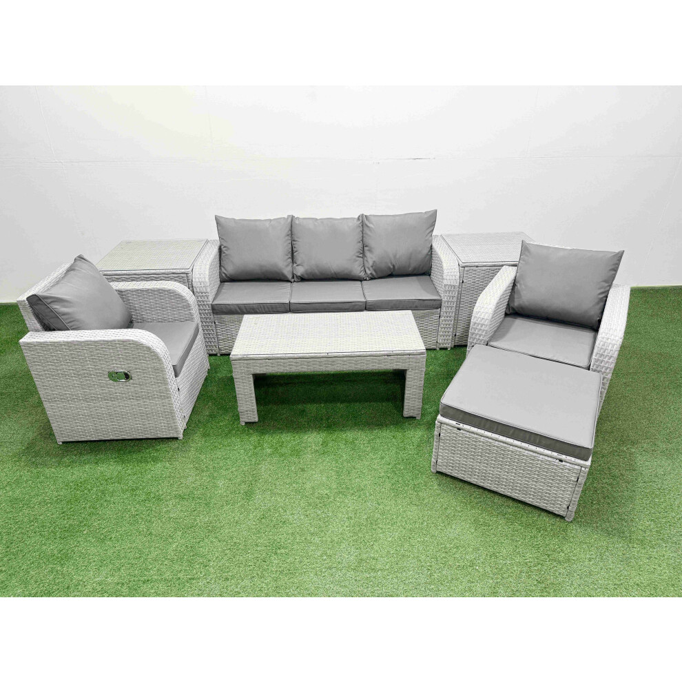 Fimous Pe Rattan Garden Furniture Set Reclining Chair Sofa Lounge Sofa Set 2 Side Table Big Footstool Light Grey