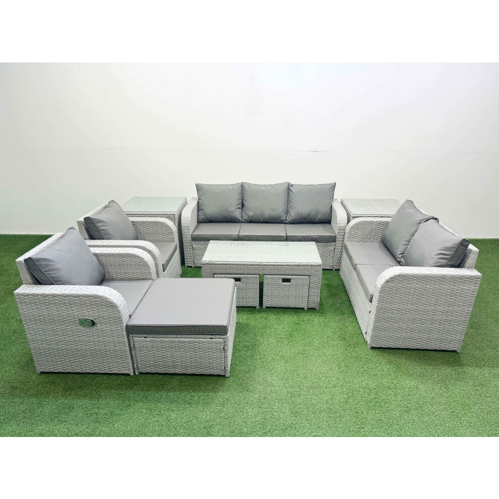 Fimous PE Rattan Garden Furniture Set Adjustable Chair Sofa Double Love Seat 2 Seater Sofa Lounge Set 3 Stools 2 Side Table Light Grey