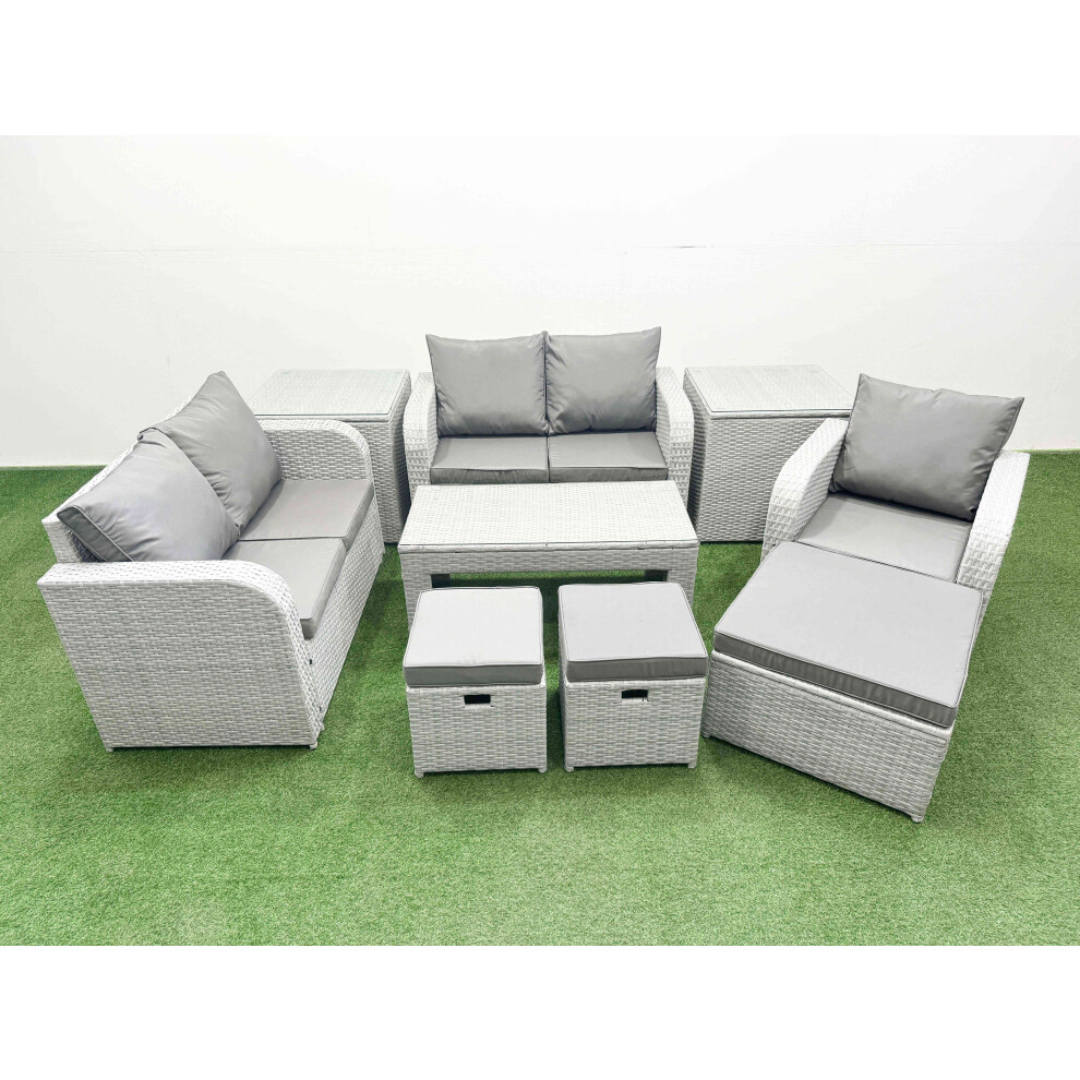 Fimous High Back Poly Rattan Garden Furniture Set with Reclining Chair Loveseat Sofa Indoor Outdoor Patio  Set 3 Stools 2 Side Table