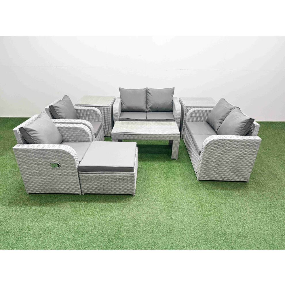 Fimous 7 Seater Outdoor Reclining Chair Love Sofa Set Rattan Garden Furniture Set with Oblong Coffee Table Footstool 2 Side Tables