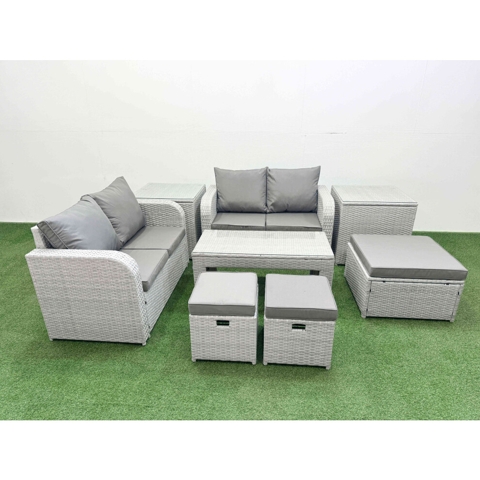 Fimous 7 Seater Outdoor Love Sofa Set Rattan Garden Furniture Set with Oblong Coffee Table 3 Footstool 2 Side Tables Light Grey