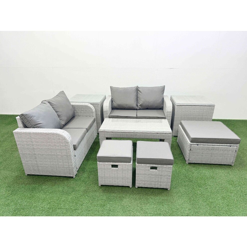 Rackhams Light/Grey 7 Seater Outdoor Love Sofa Set Rattan Garden Furniture Set With Oblong Coffee Table 3 Footstool 2 Side Tables - Image 2
