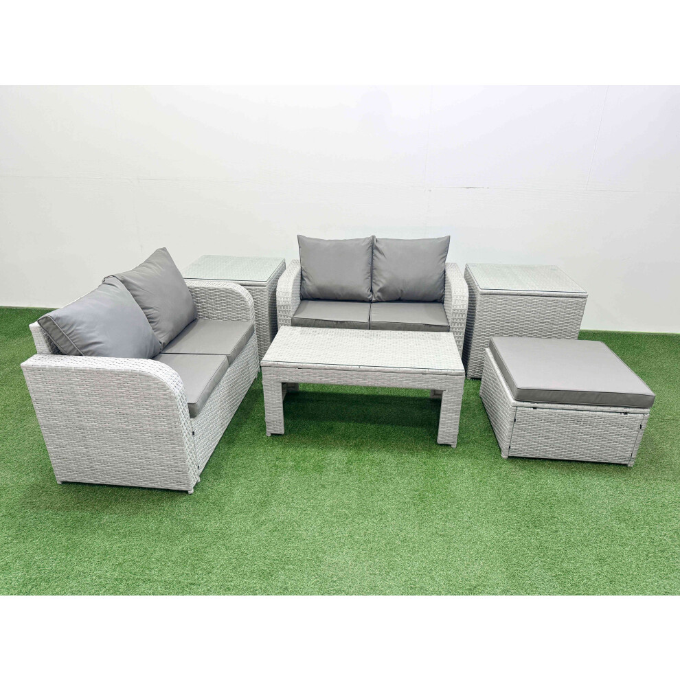 Fimous 5 Seater Outdoor Love Sofa Set Rattan Garden Furniture Set with Oblong Coffee Table Big Footstool 2 Side Tables Light Grey