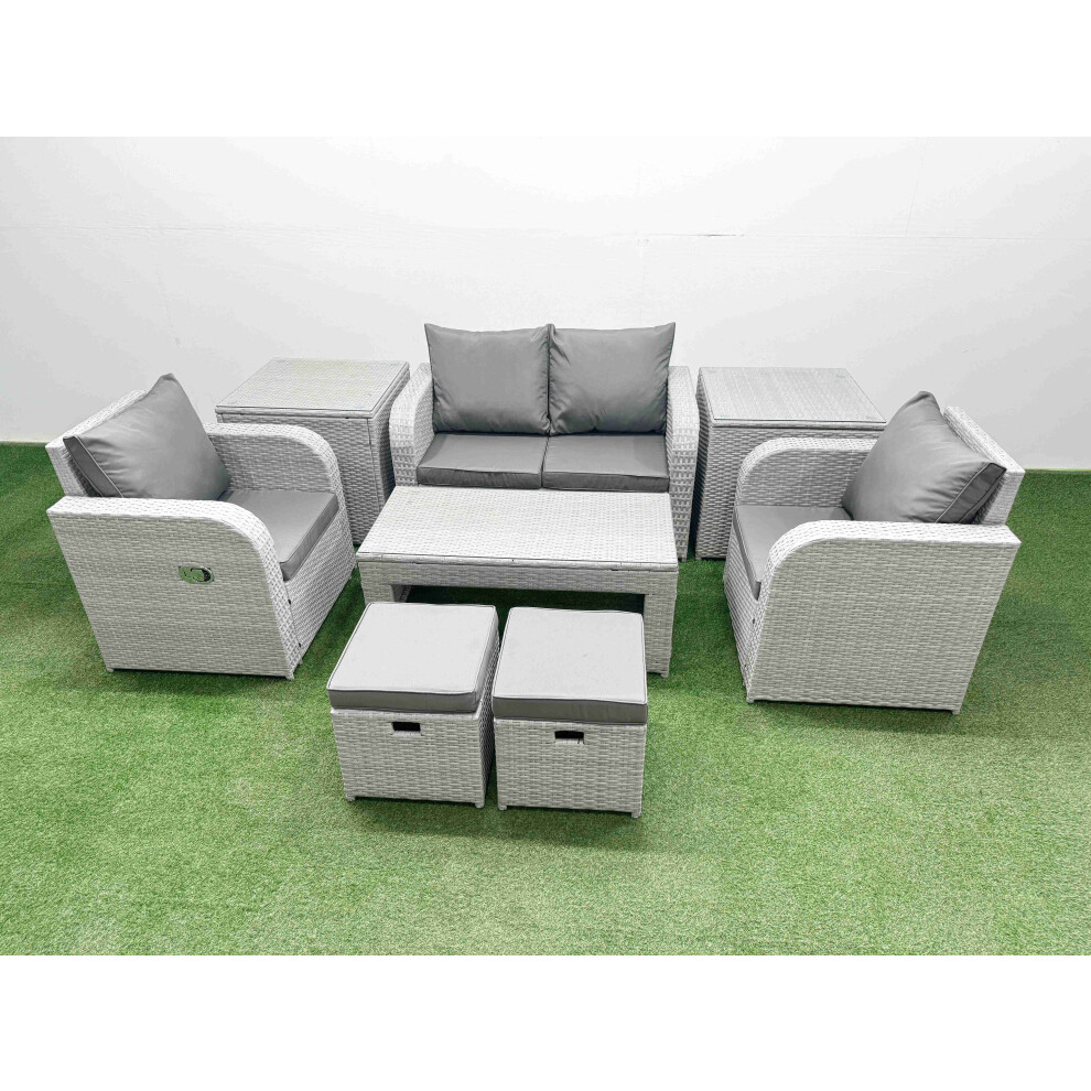 Fimous Light Grey PE Wicker Rattan Garden Furniture Set Sofa Set Reclining Adjustable Chair  6 Seater 2 Small Stools 2 Side Table