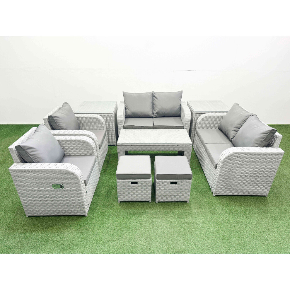 Fimous 8 Seater Outdoor Reclining Chair Love Sofa Set Rattan Garden Furniture Set with Oblong Coffee Table 2 Stools 2 Side Table