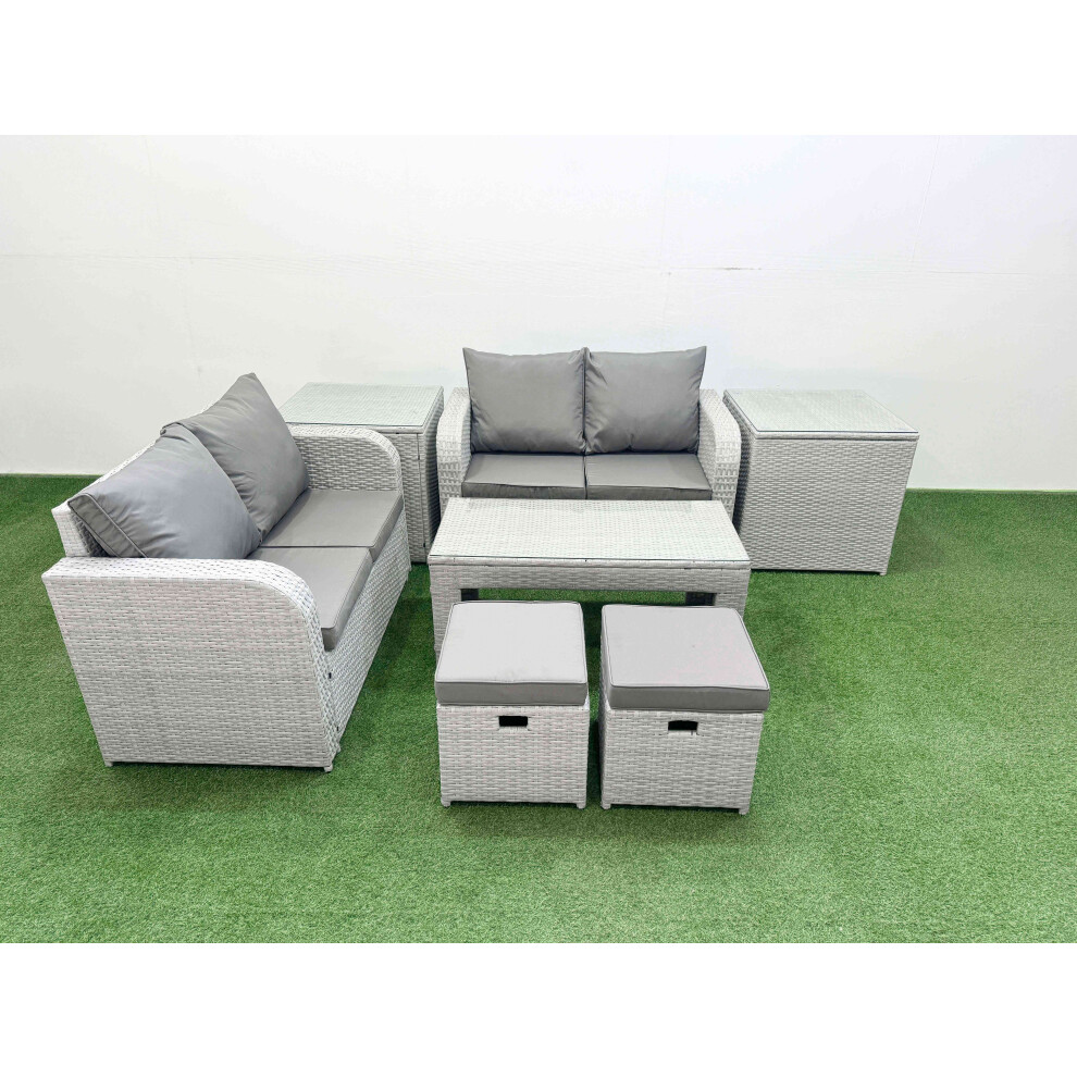 Fimous 6 Seater Outdoor Love Sofa Set Rattan Garden Furniture Set with Oblong Coffee Table 2 Small Stools 2 Side Tables