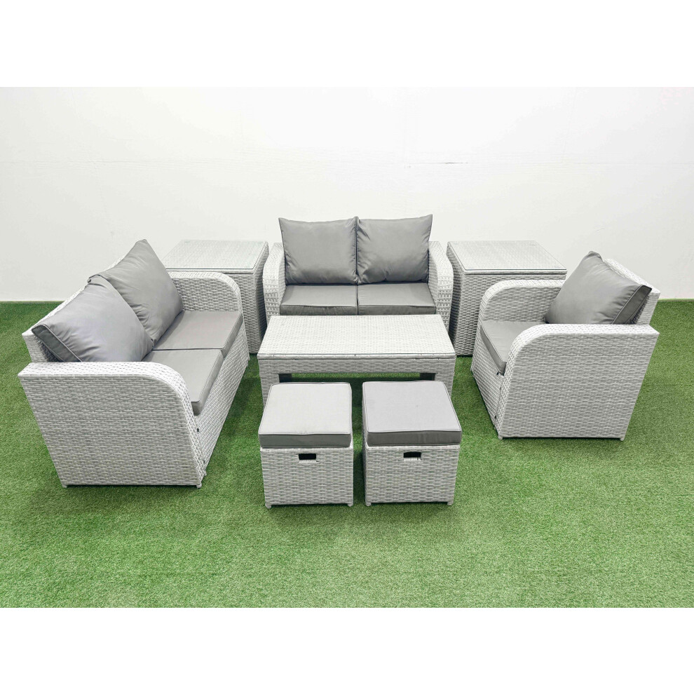 Fimous High Back Poly Rattan Garden Furniture Set with Reclining Chair Loveseat Sofa Indoor Outdoor Patio  Set 2 Stool 2 Side Table