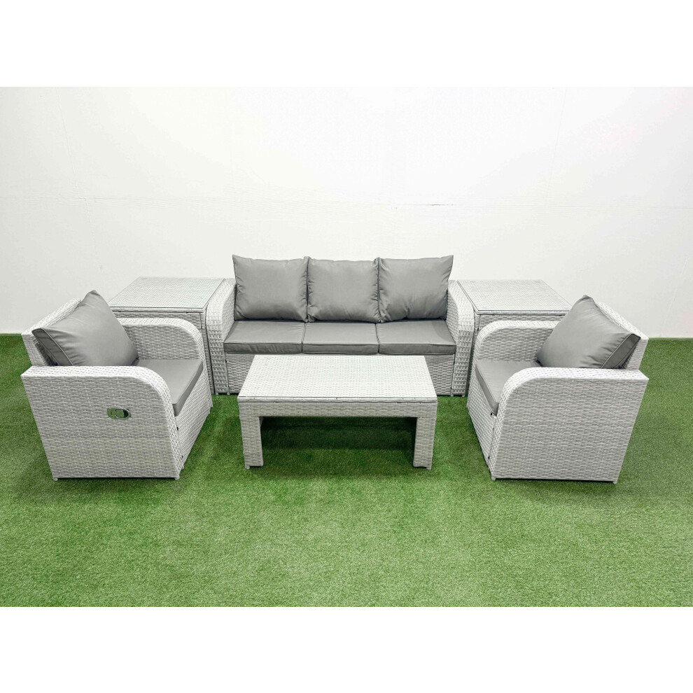 Fimous Pe Rattan Garden Furniture Set Reclining Chair Sofa Lounge Sofa Set 2 Side Table Light Grey