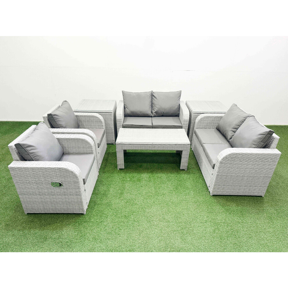 Fimous 6 Seater Outdoor Reclining Chair Love Sofa Set Rattan Garden Furniture Set with Oblong Coffee Table 2 Side Tables Light Grey